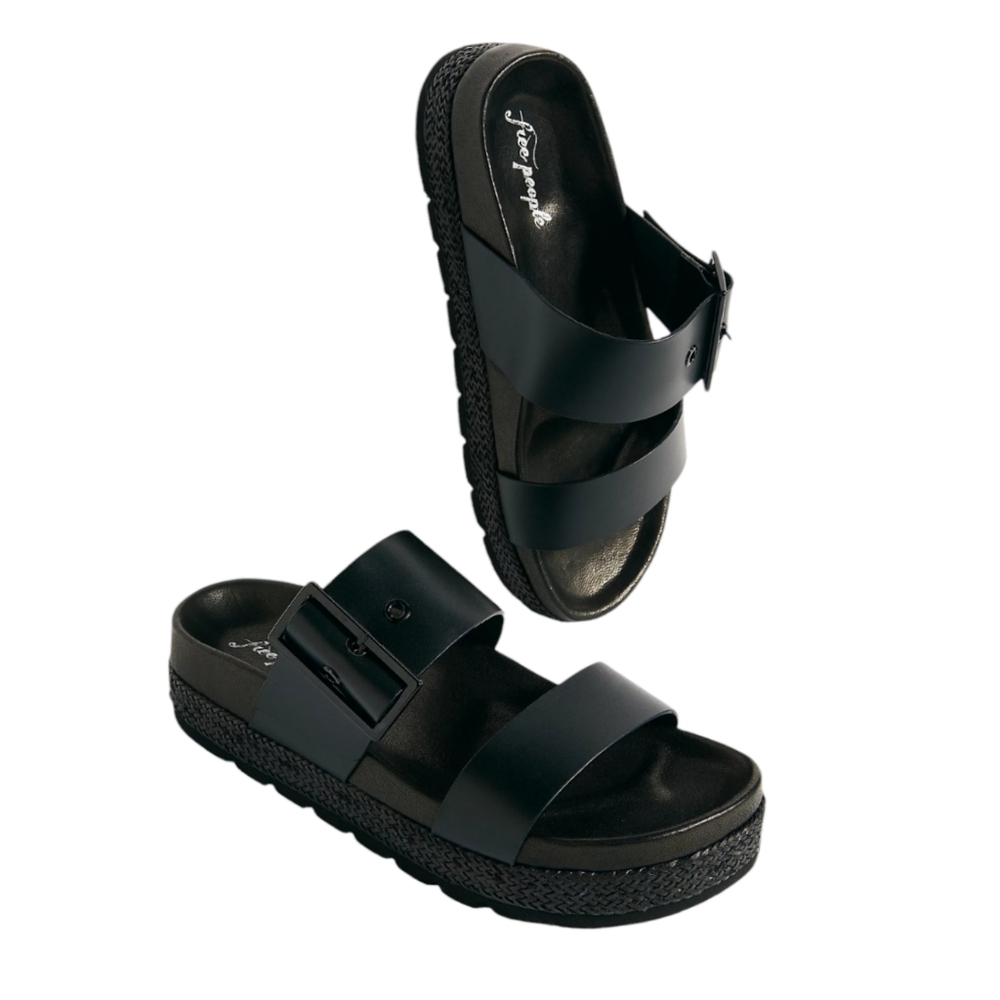 Free People Kara Black Leather Platform Sandals Made in Spain EU 37 Buckle Strap